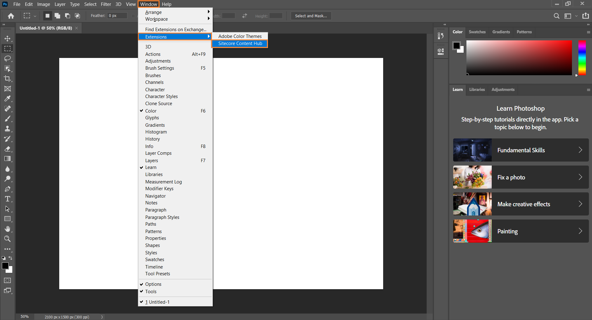 photoshop with window menu extensions and sitecore content hub highlighted: photoshop_sitecore_extension_highlighted.png